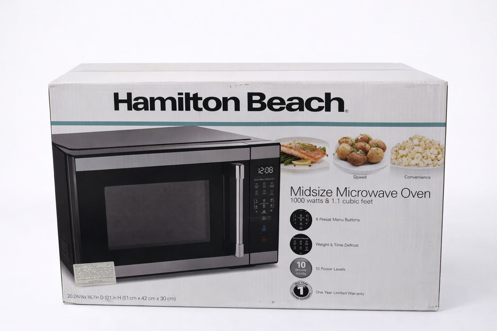 Hamilton Beach 1.1 Cu Ft Countertop Microwave Oven, Stainless Steel-Horno microondas de encimera Hamilton Beach de 1.1 pies cúbicos, acero inoxidable