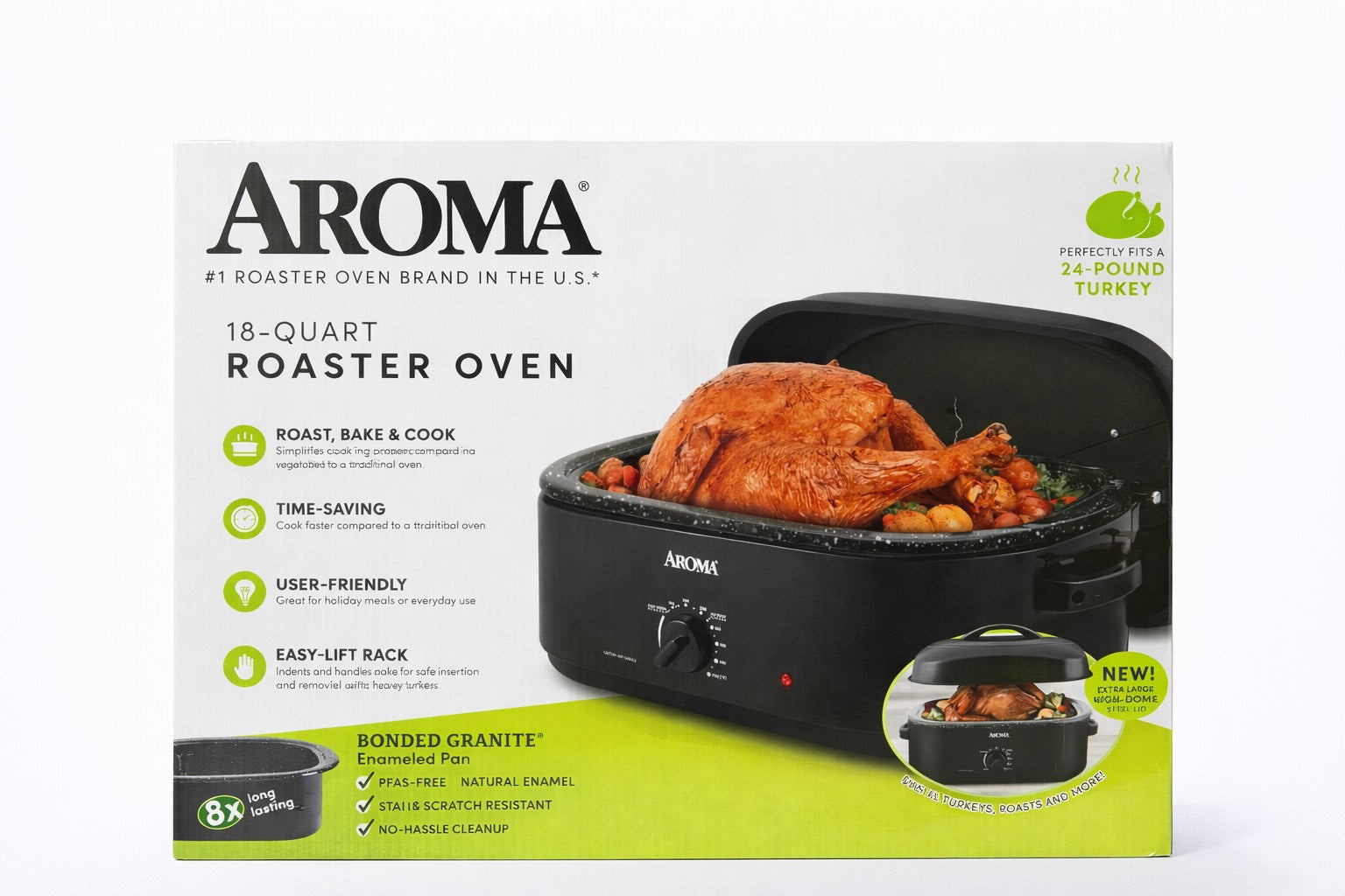 Aroma 18Qt. Electric Roaster Oven with High Dome Lid, 8X Bonded Granite Enamel, New-Blac - kHorno Asador Eléctrico Aroma de 18 Qt con Tapa Alta, 8 capas de Esmalte de Granito Combinado, Nuevo-Negro