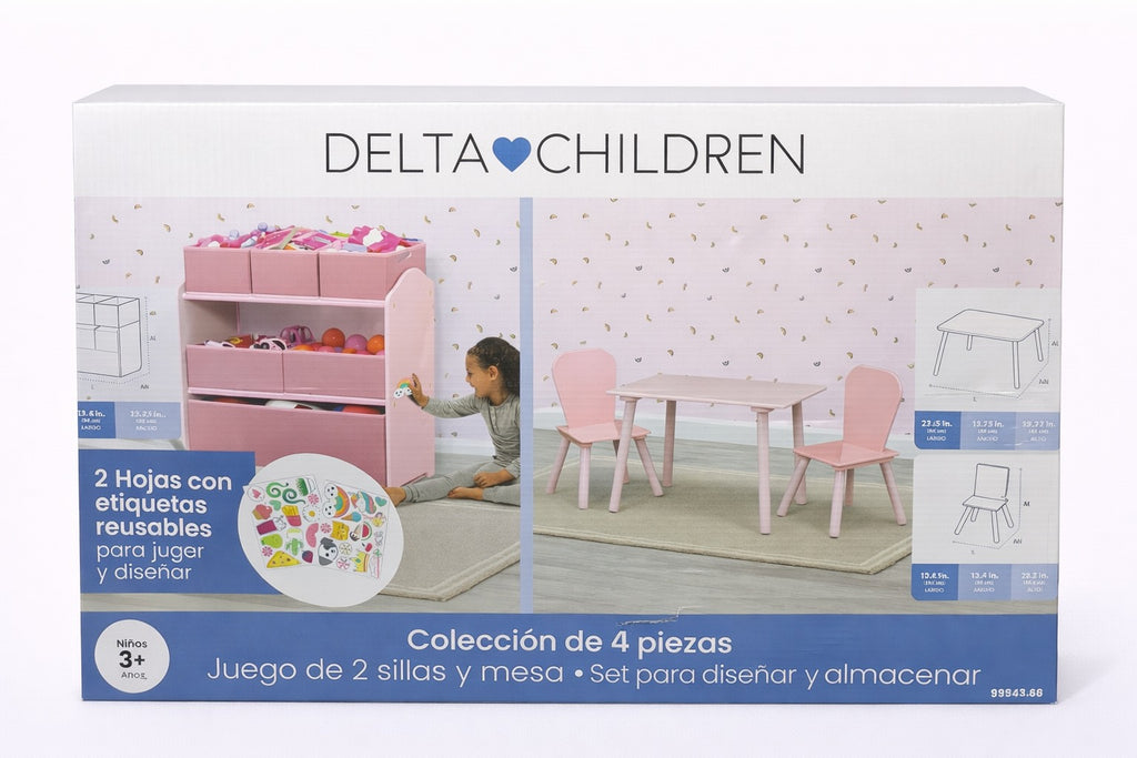 4-Piece Toddler Playroom Set – Set de Juego para Niños Pequeños de 4 Piezas – Incluye Mesa de Juego con Superficie de Pizarra Blanca y Organizadores de Juguetes con 6 Compartimentos y Pegatinas de Vinilo Reutilizables