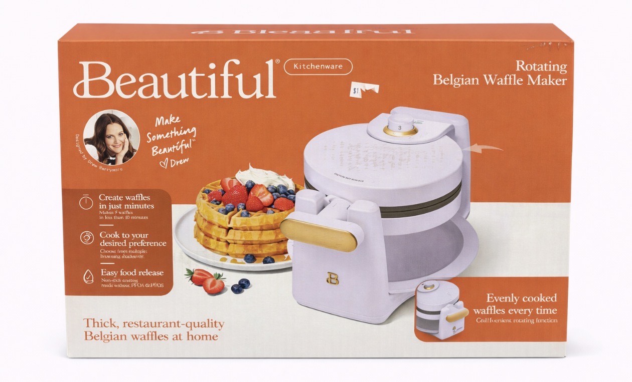 Beautiful Rotating Belgian Waffle Maker, White Icing by Drew Barrymore- waflera belga giratoria, Glaseado Blanco de Drew Barrymore