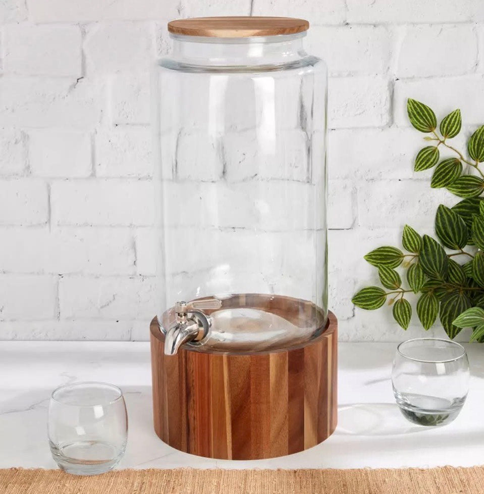 STUDIO DRINKWARE - DRINK DISPENSER WITH ACACIA WOOD STAND - DISPENSADOR DE BEBIDAS CON SOPORTE DE MADERA DE ACACIA