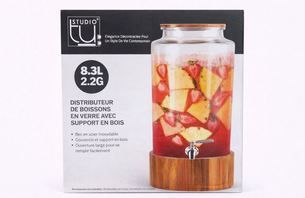 STUDIO DRINKWARE - DRINK DISPENSER WITH ACACIA WOOD STAND - DISPENSADOR DE BEBIDAS CON SOPORTE DE MADERA DE ACACIA