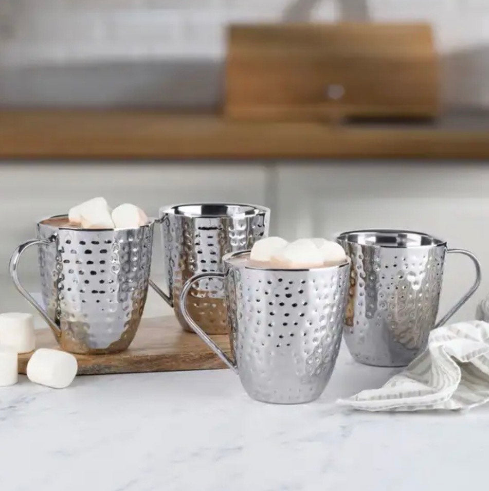 Mikasa Set of 4 Double Wall Hammered Stainless Steel Mugs, 20 oz - Juego de 4 Tazas de Acero Inoxidable Martillado de Pared Doble Mikasa, 20 oz