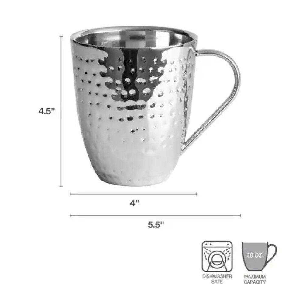 Mikasa Set of 4 Double Wall Hammered Stainless Steel Mugs, 20 oz - Juego de 4 Tazas de Acero Inoxidable Martillado de Pared Doble Mikasa, 20 oz