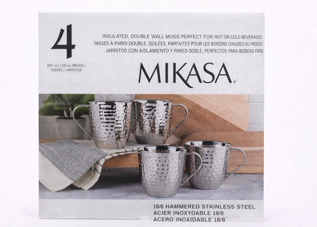 Mikasa Set of 4 Double Wall Hammered Stainless Steel Mugs, 20 oz - Juego de 4 Tazas de Acero Inoxidable Martillado de Pared Doble Mikasa, 20 oz
