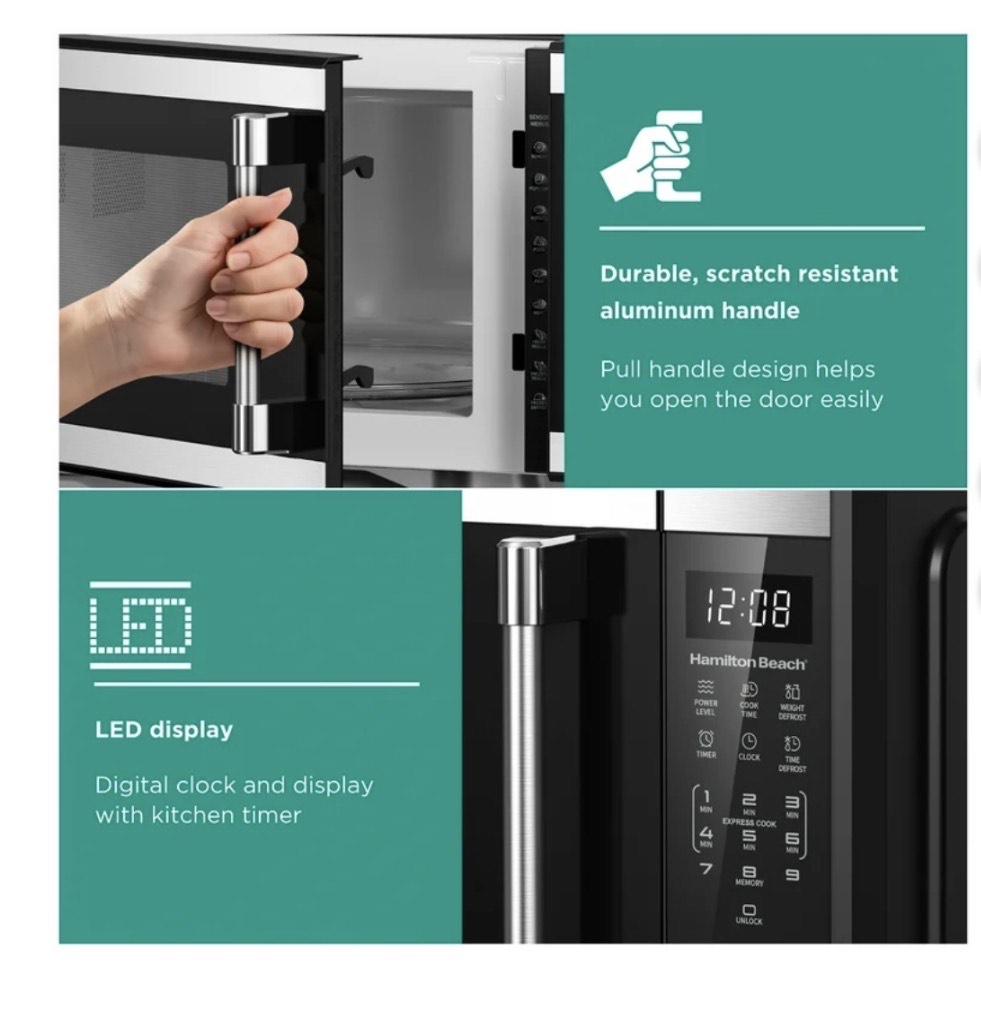 Hamilton Beach 1.1 Cu Ft Countertop Microwave Oven, Stainless Steel-Horno microondas de encimera Hamilton Beach de 1.1 pies cúbicos, acero inoxidable