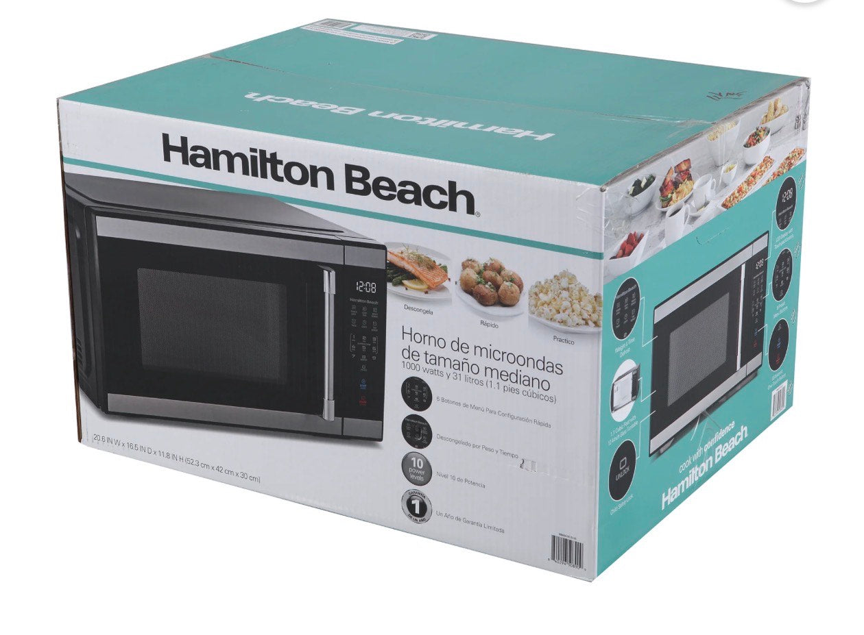 Hamilton Beach 1.1 Cu Ft Countertop Microwave Oven, Stainless Steel-Horno microondas de encimera Hamilton Beach de 1.1 pies cúbicos, acero inoxidable