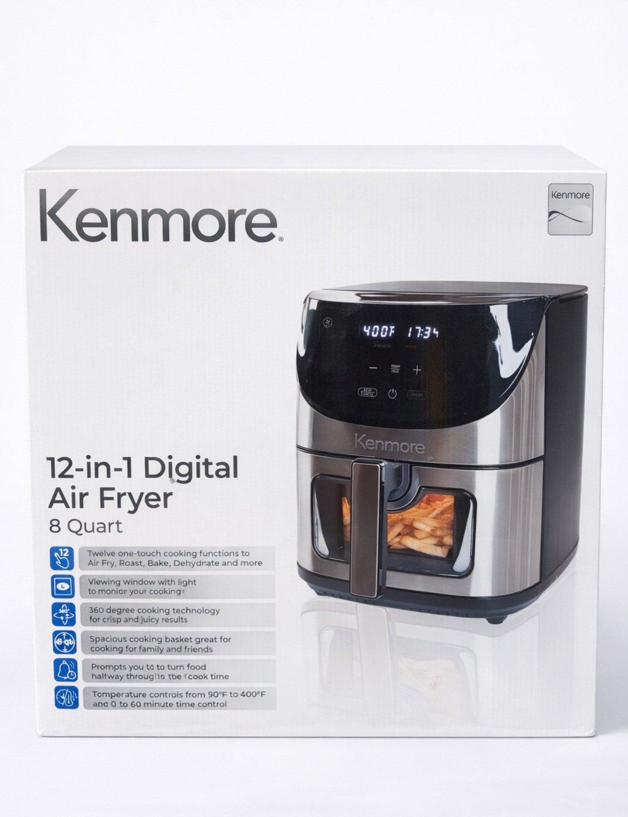 Kenmore 8 Qt Digital Air Fryer, 12 Cooking Presets, Healthy Cooking- Stainless Steel- Freidora de Aire Digital Kenmore de 8 Qt, 12 Preajustes de Cocina, Cocina Saludable - Acero Inoxidable