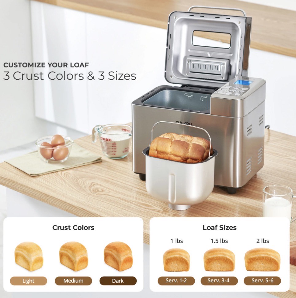 CUCKOO Bread Maker Machine with 15 Menu Options + 3 Crust Colors, 2 lbs Bread Machine with Automatic Fruit &amp; Nut Dispenser -CUCKOO Máquina para hacer pan con 15 opciones de menú + 3 colores de corteza, panificadora ideal para pan de masa madre